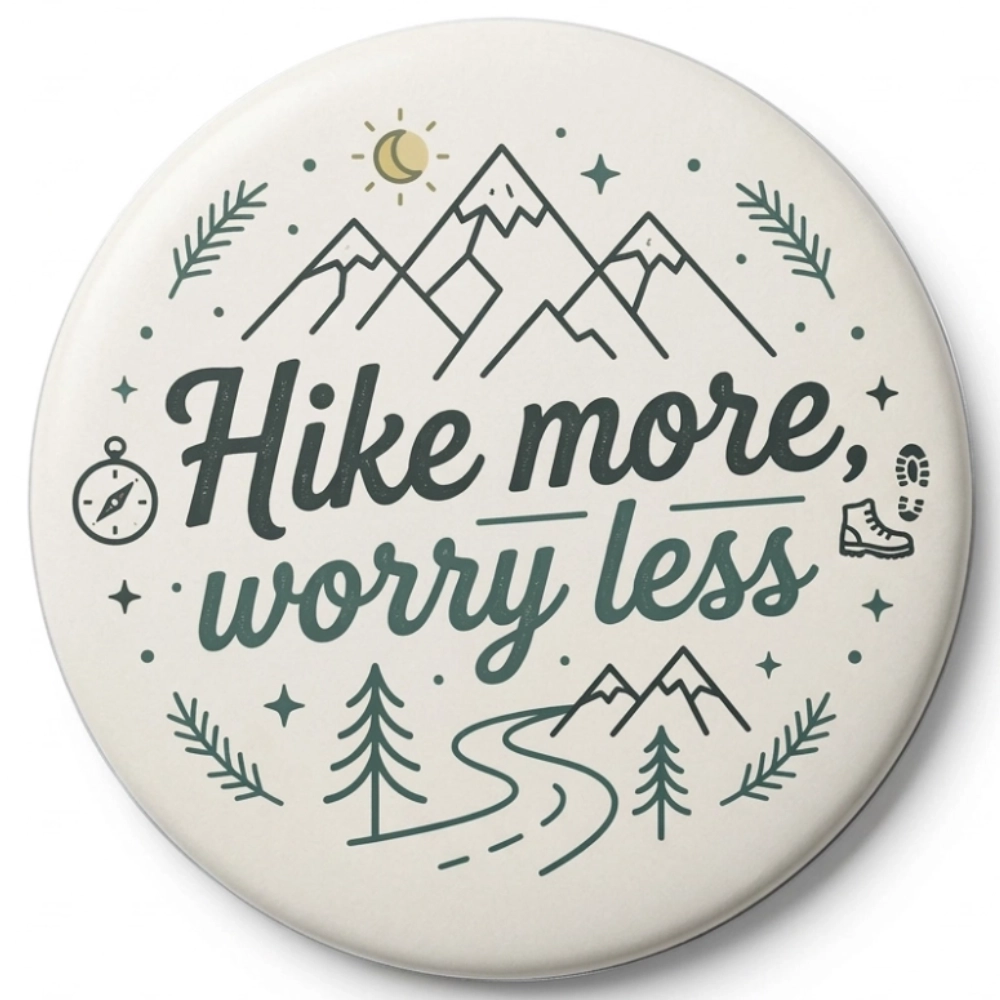 Przypinka turystyczna hike more worry less kolor.webp